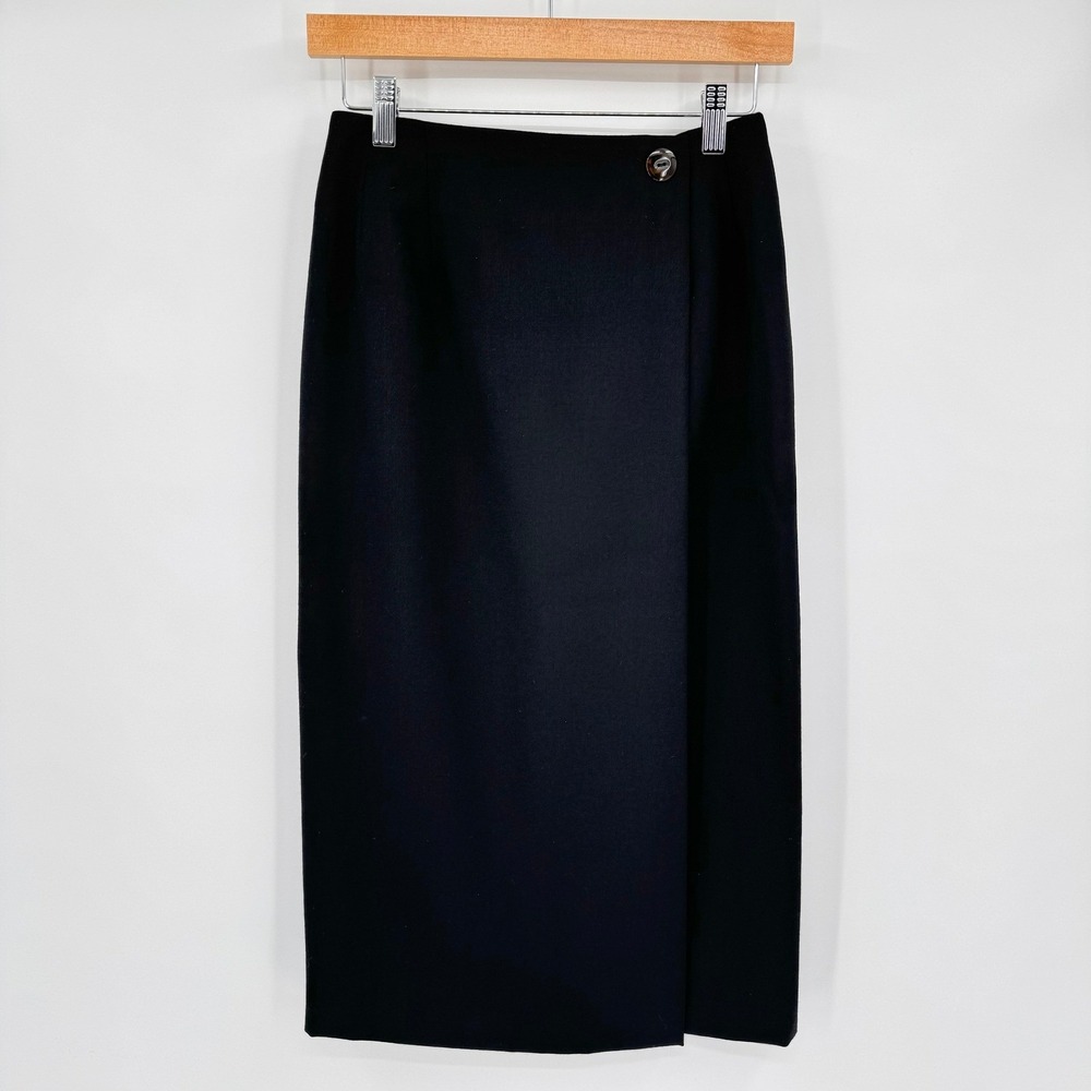 VTG David N Petites Black 100% Wool Wrap Front Pencil Midi Skirt Size 8